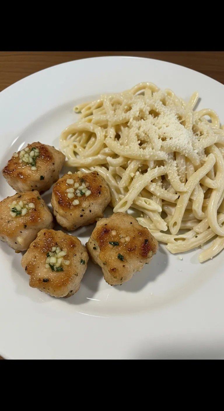 Garlic Butter Chicken Bites with Savory Creamy Parmesan Pasta - Restaurant-Quality Comfort! - secondary view
