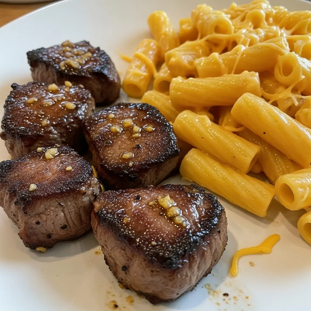 Garlic Butter Steak Tips with Cheesy Rigatoni