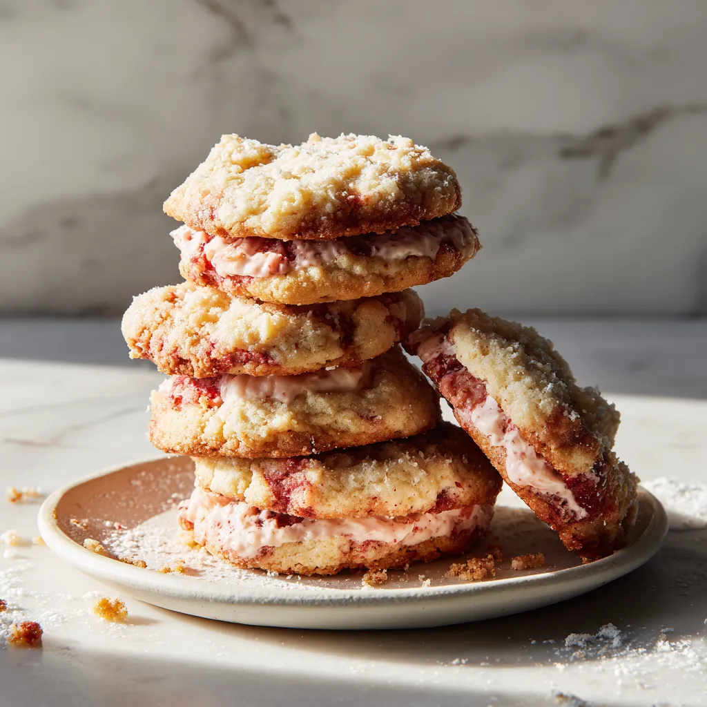 Buttery Strawberry Crumble Sandwich Cookies with Sweet Cream Cheese Filling and Sugar Cookie Base - tertiary view