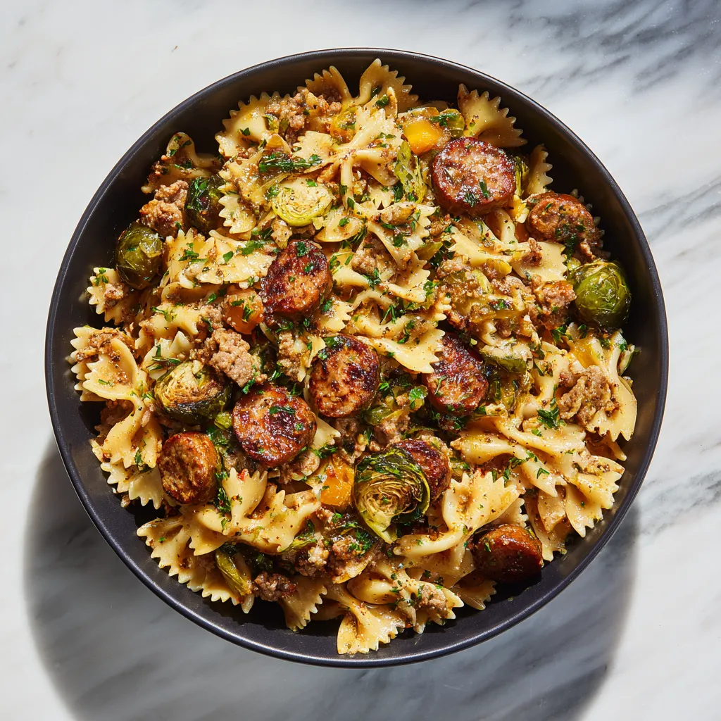 Italian Sausage Brussels Sprouts Bow Tie Pasta with Garlic Parmesan and Crispy Caramelized Vegetables - tertiary view
