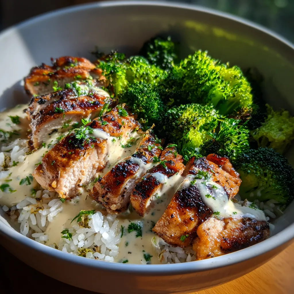 Creamy Garlic Herb Chicken Bowl with Steamed Broccoli and Fluffy White Rice - tertiary view