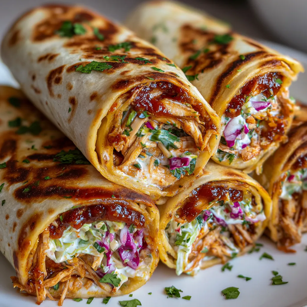 Grilled BBQ Pulled Chicken Wraps with Creamy Coleslaw and Caramelized Onions - main view