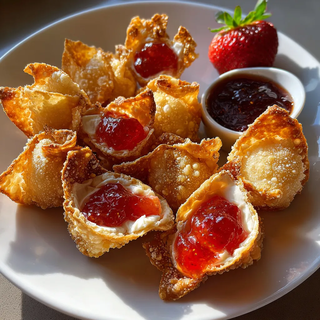 Crispy Sweet Cream Cheese Wontons with Strawberry Jam and Powdered Sugar