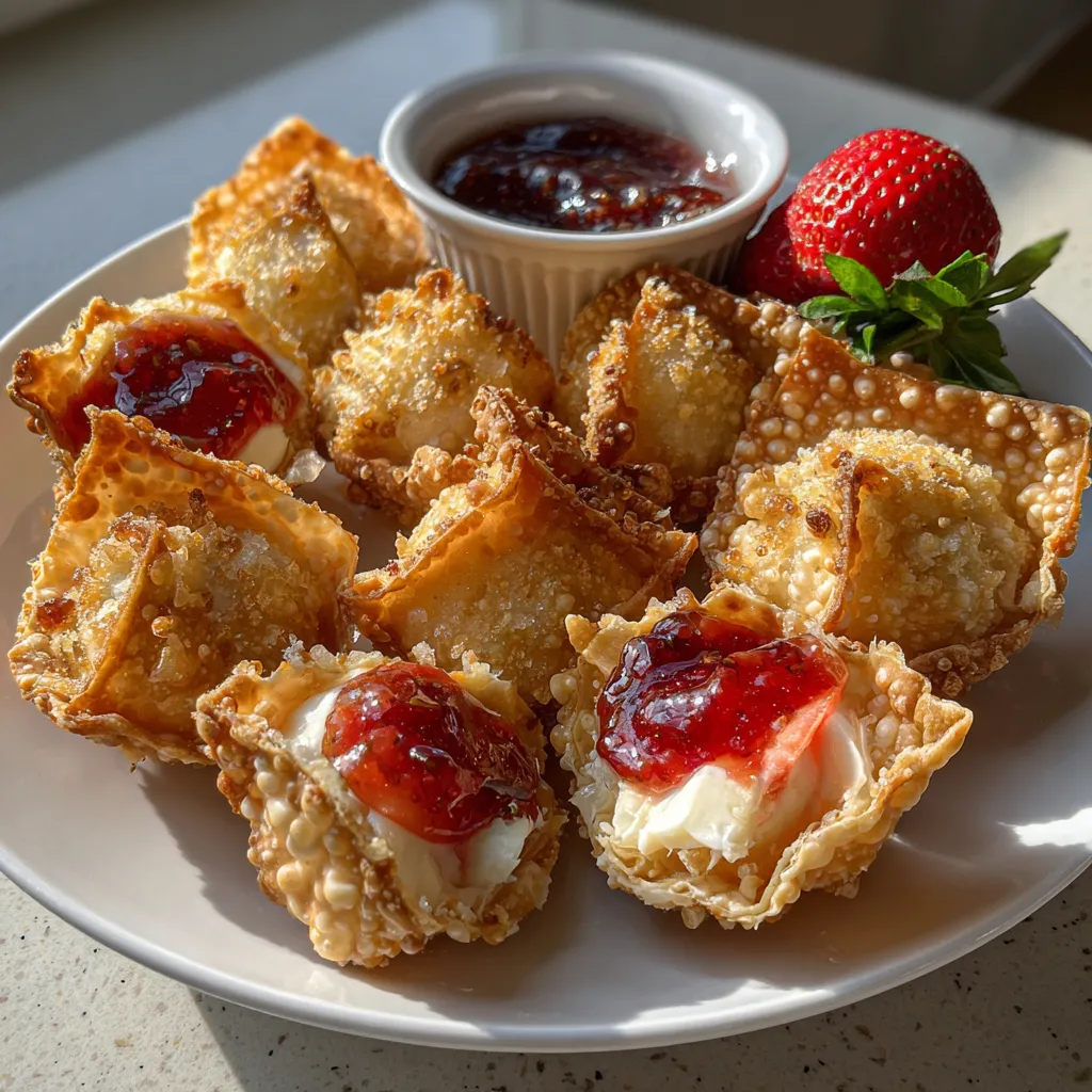 Crispy Sweet Cream Cheese Wontons with Strawberry Jam and Powdered Sugar - secondary view
