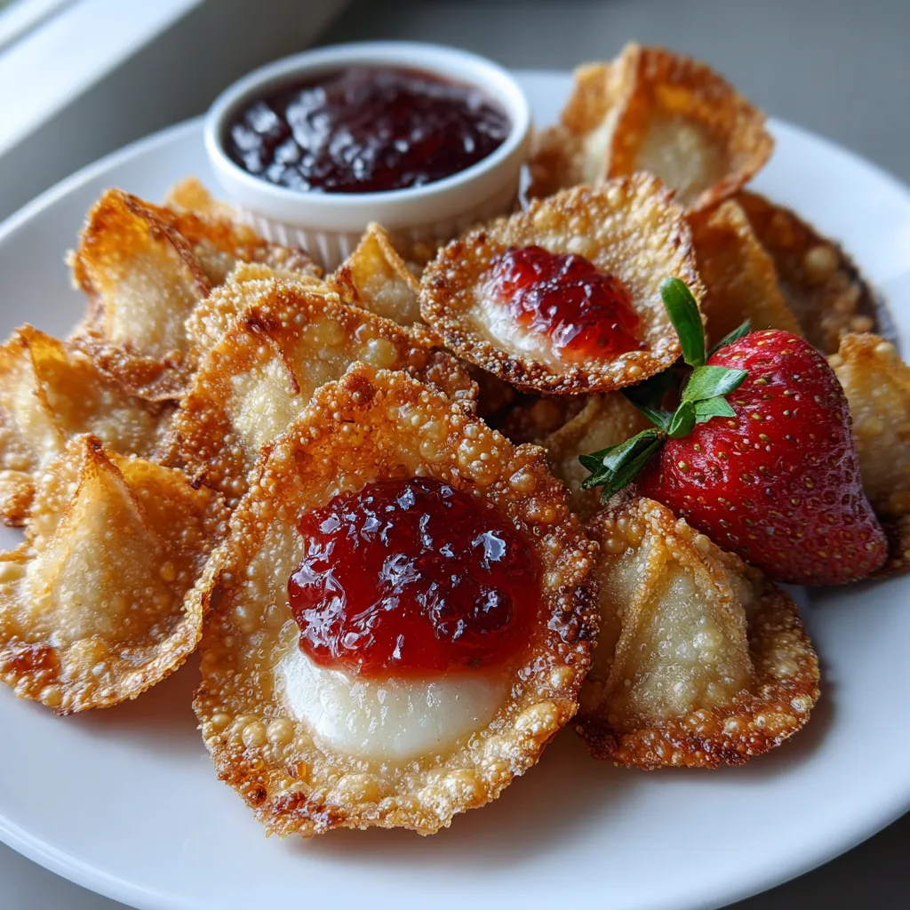 Crispy Sweet Cream Cheese Wontons with Strawberry Jam and Powdered Sugar - tertiary view