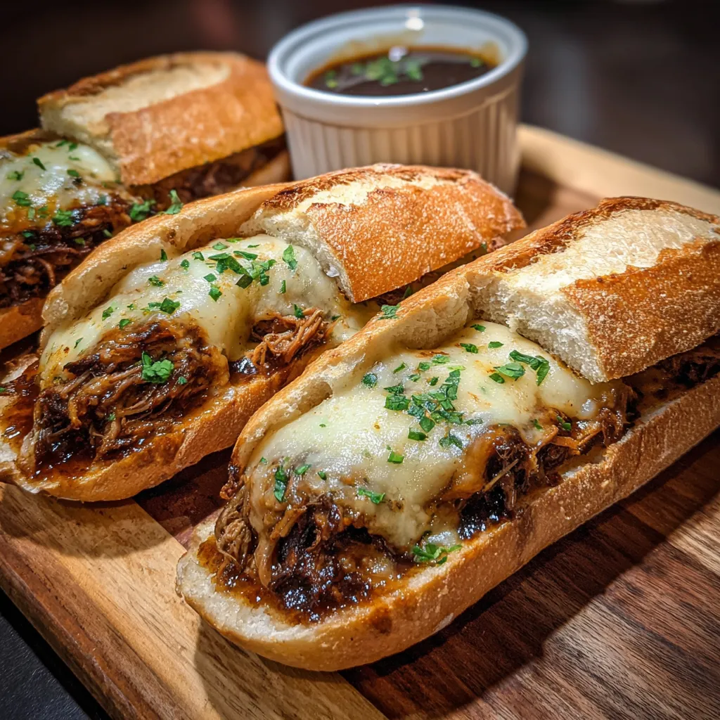 Classic French Dip Sandwich with Melted Provolone and Rich Au Jus - main view