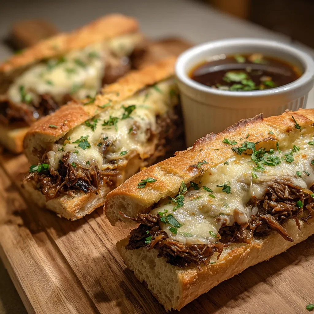 Classic French Dip Sandwich with Melted Provolone and Rich Au Jus - tertiary view