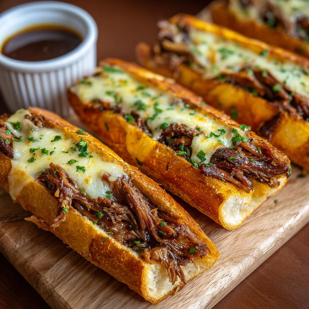 Classic French Dip Sandwich with Melted Provolone and Rich Au Jus - secondary view
