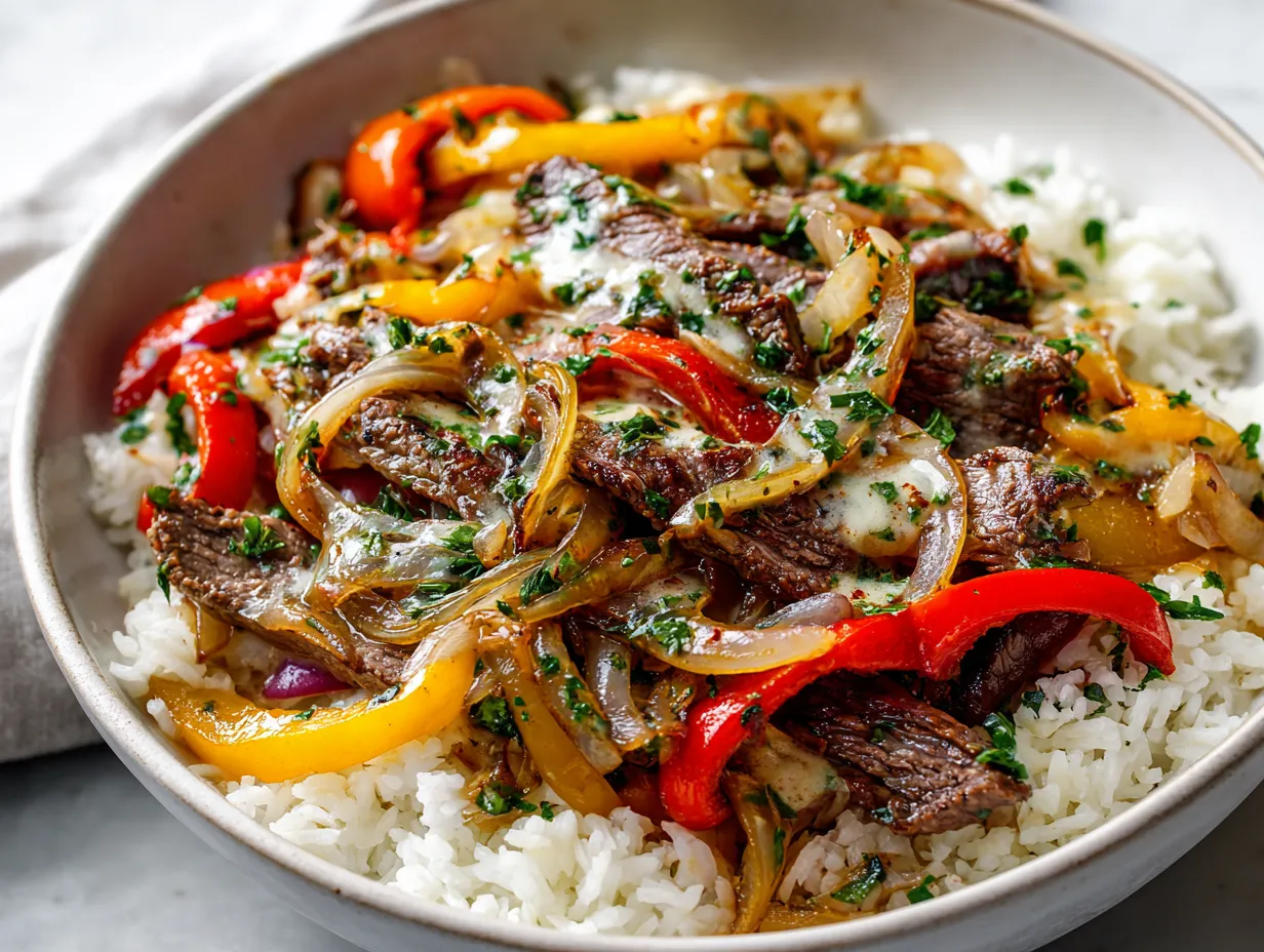 Ultimate Philly Cheesesteak Bowl with Thinly Sliced Ribeye and Peppers - tertiary view