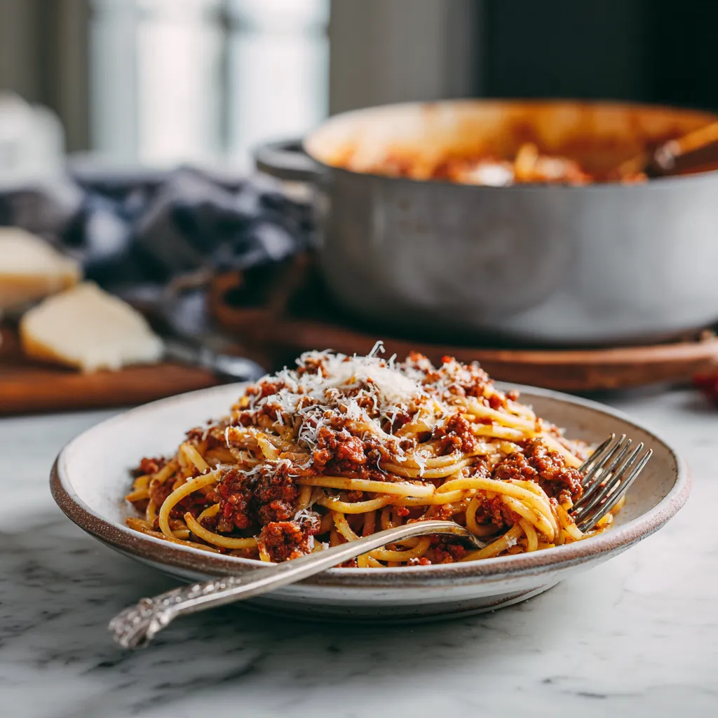 Slow-Braised Beef Ragu with Fresh Tagliatelle Pasta in Rich Red Wine Tomato Sauce with Parmesan - secondary view