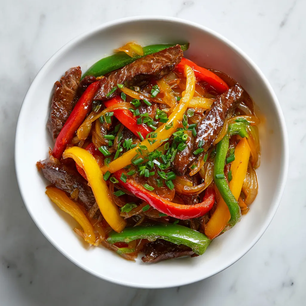 Classic Pepper Steak with Colorful Bell Peppers and Sweet Onions in Savory Sauce