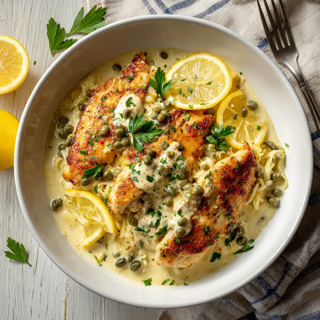 Luxurious Creamy Chicken Piccata Bowls with Lemon Caper Sauce and Herbed Pasta