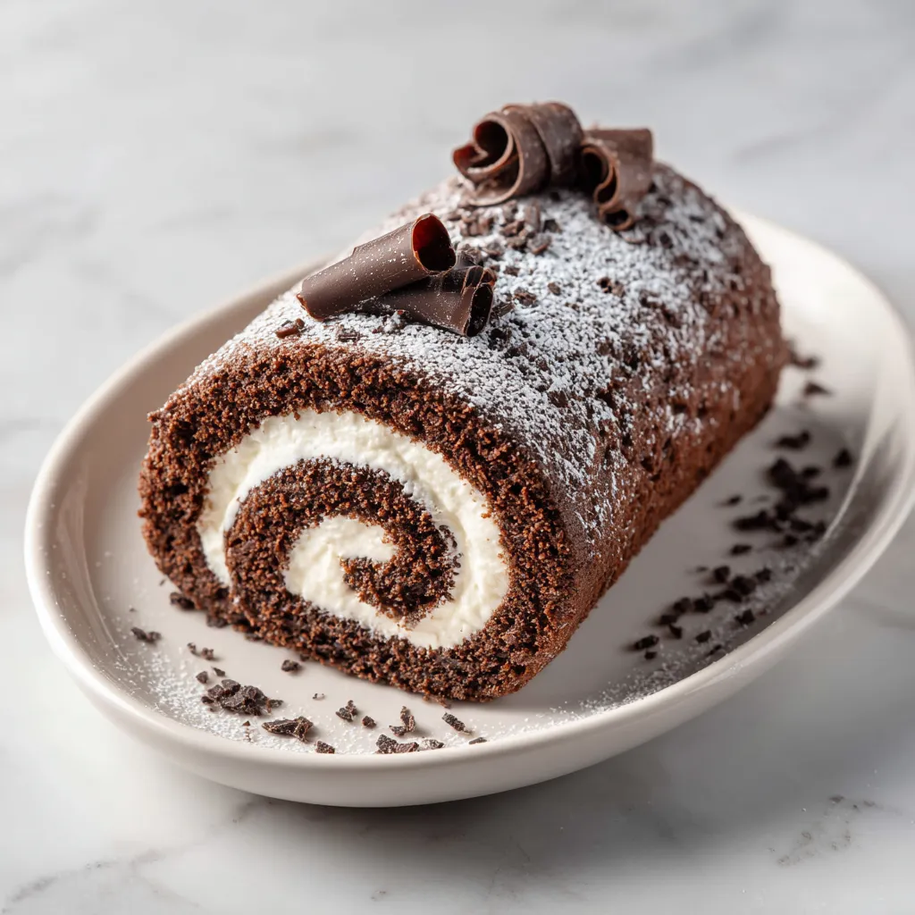 Classic Chocolate Cake Roll with Whipped Cream Filling and Cocoa Dusting