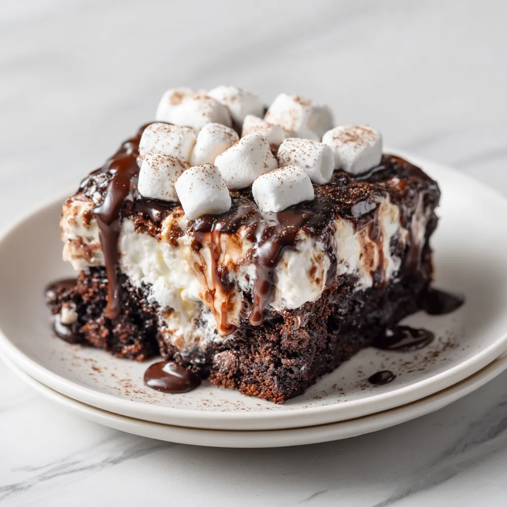 Ultimate Marshmallow Chocolate Poke Cake with Fluffy Frosting and Chocolate Drizzle
