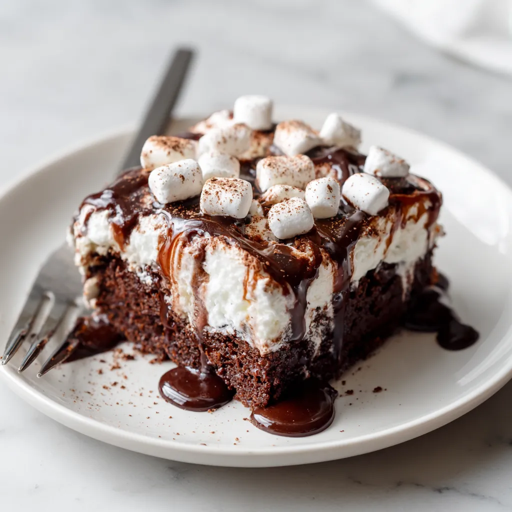 Ultimate Marshmallow Chocolate Poke Cake with Fluffy Frosting and Chocolate Drizzle - secondary view