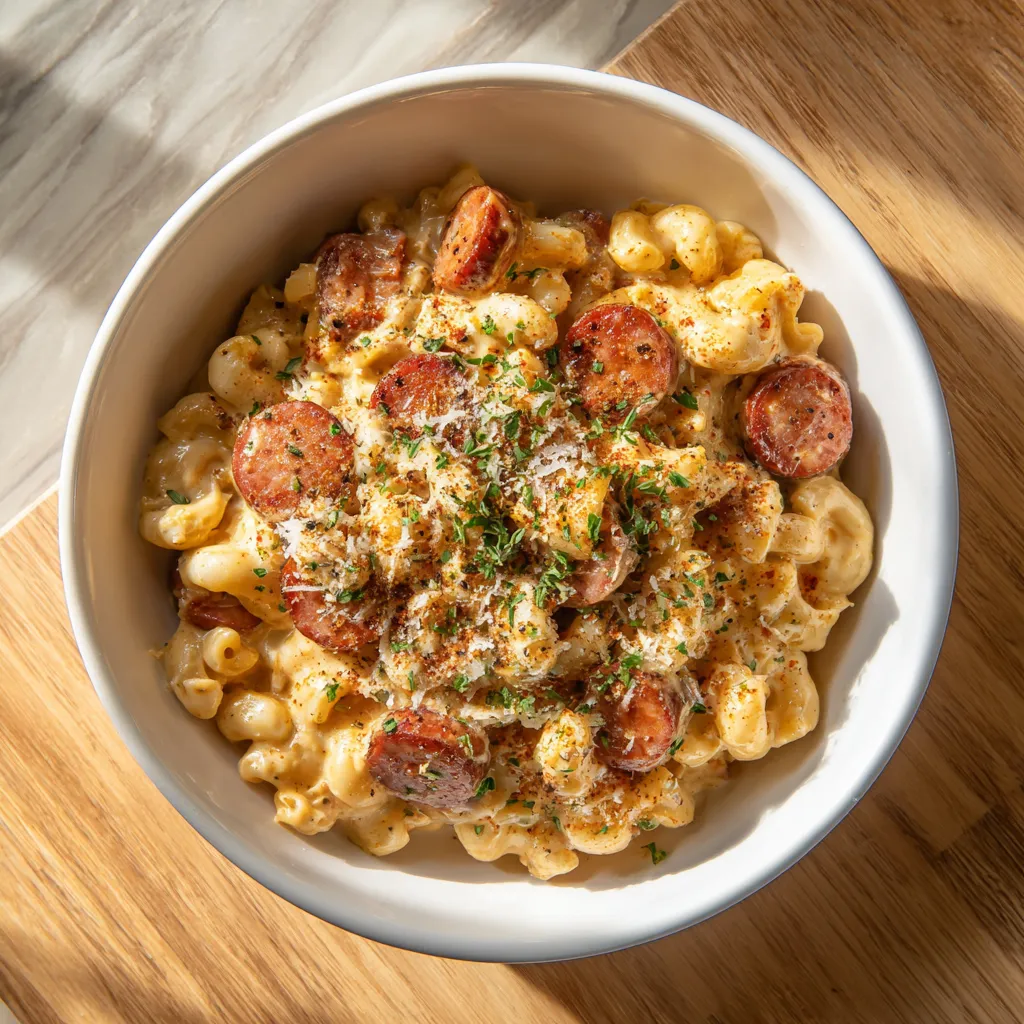 Ultimate Cajun Mac and Cheese with Spicy Andouille Sausage and Three-Cheese Creamy Sauce