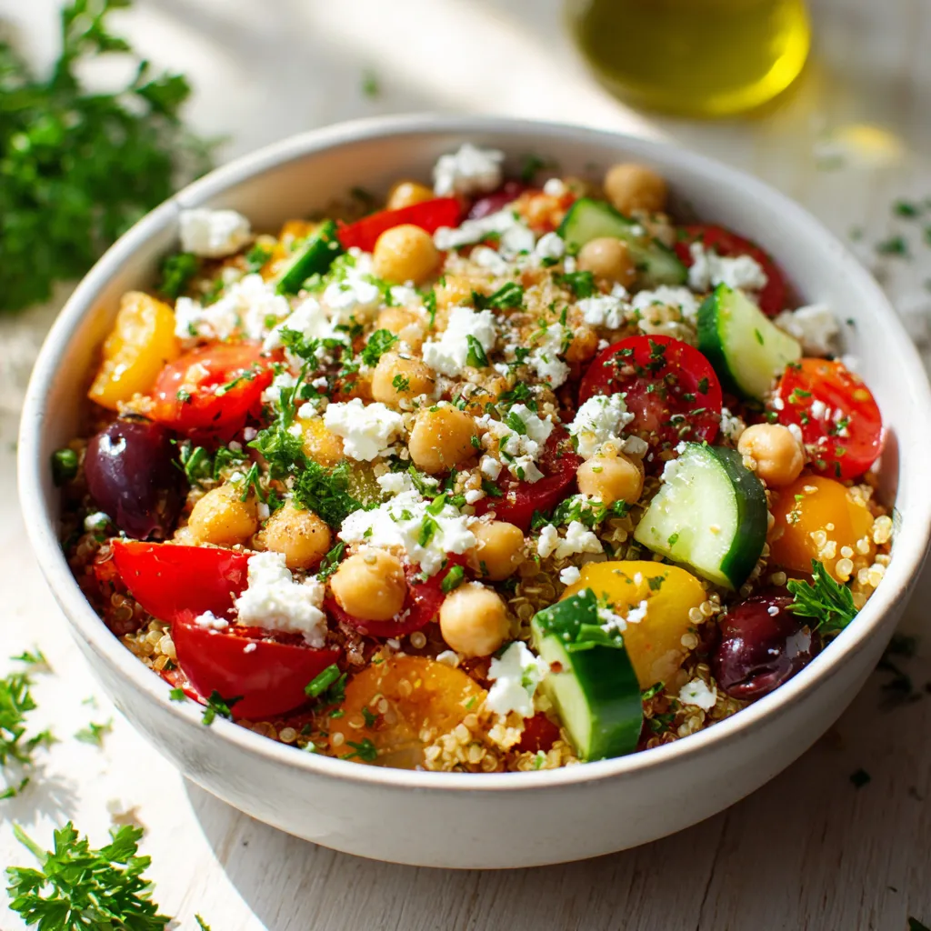 Bright and Colorful Mediterranean Quinoa Bowl with Fresh Vegetables and Lemon Herb Dressing - secondary view