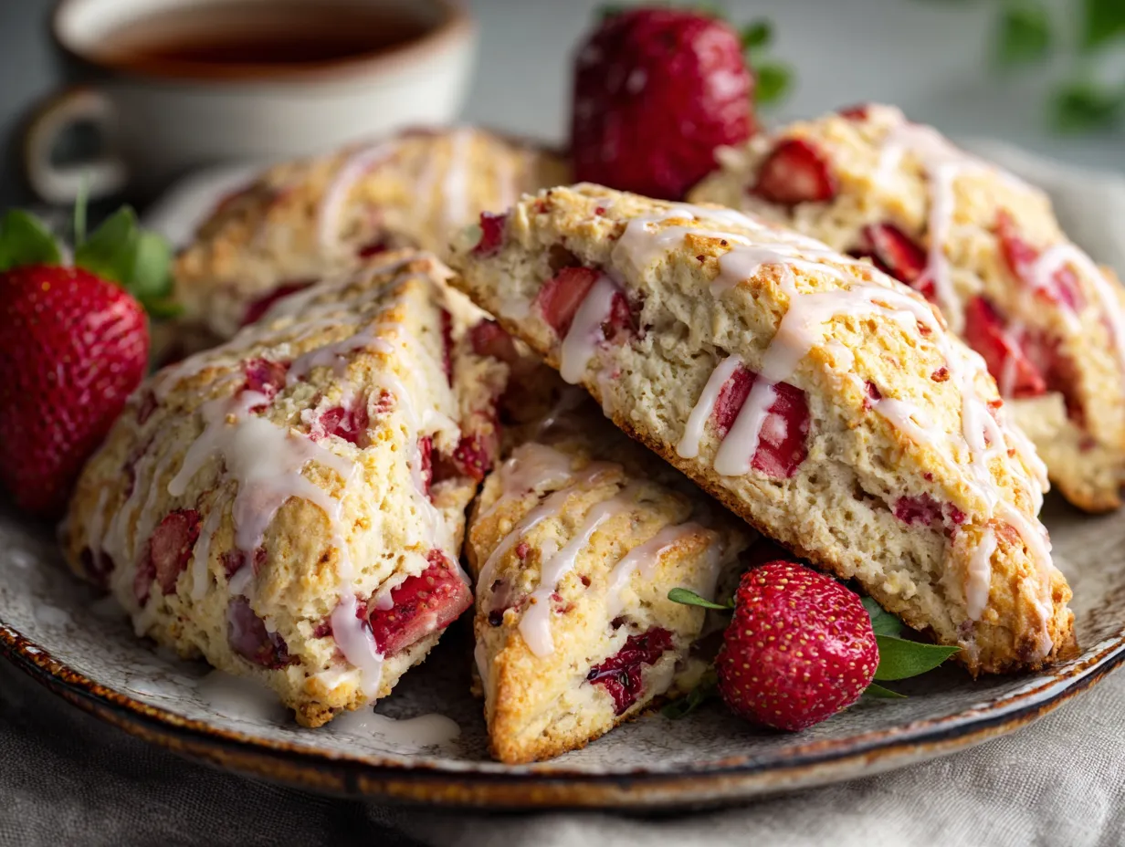 Rustic Golden-Topped Fresh Strawberry Scones with Vanilla Bean Glaze and Demerara Sugar - main view