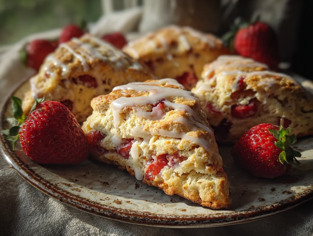 Rustic Golden-Topped Fresh Strawberry Scones with Vanilla Bean Glaze and Demerara Sugar - secondary view
