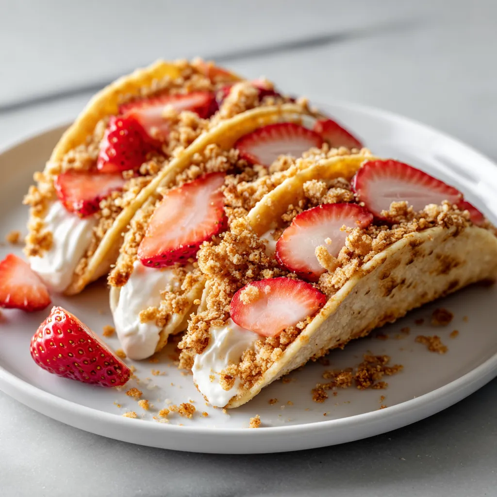 Strawberry Crunch Cheesecake Tacos with Crispy Cinnamon Shells and Berry Filling