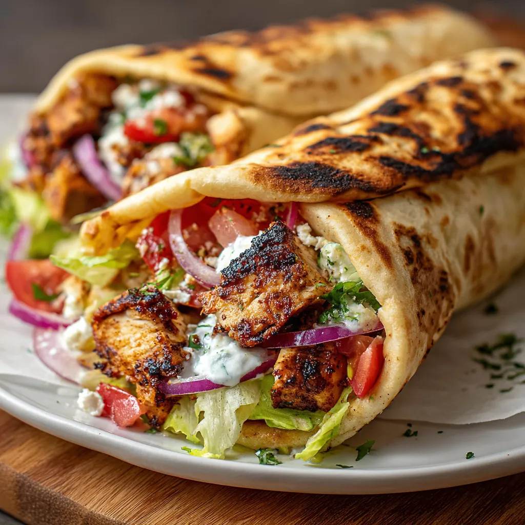 Ultimate Mediterranean Chicken Gyros Wrapped with Tzatziki and Fresh Vegetables - secondary view