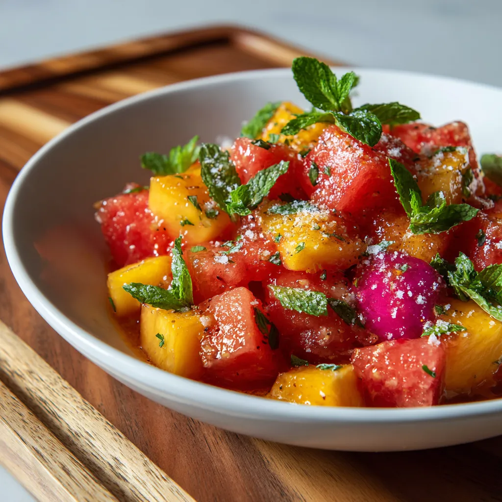 Fresh Summer Peach Watermelon Salad with Mint and Lime Dressing - main view