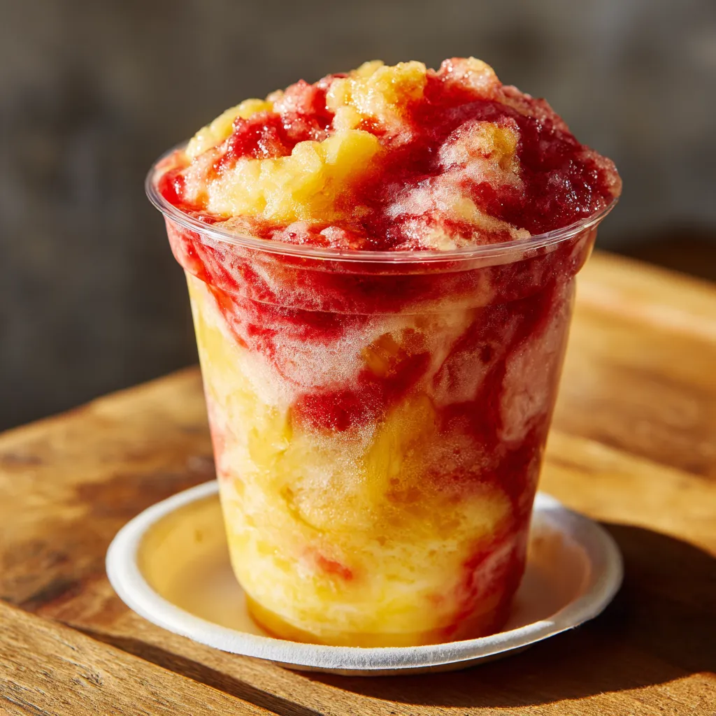 Refreshing Pineapple Strawberry Swirled Slushie with Natural Fruit and Ice Crystals