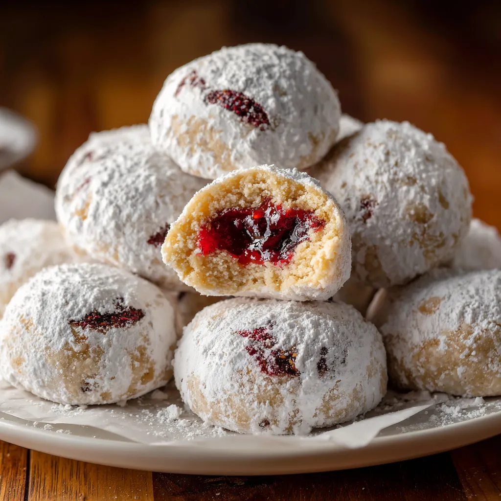 Melt-in-Your-Mouth Raspberry Filled Almond Snowball Cookies with Powdered Sugar Dusting - secondary view