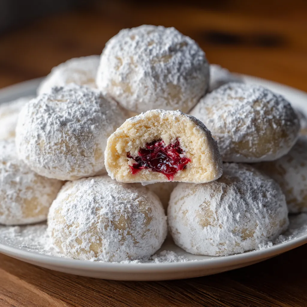 Melt-in-Your-Mouth Raspberry Filled Almond Snowball Cookies with Powdered Sugar Dusting - main view