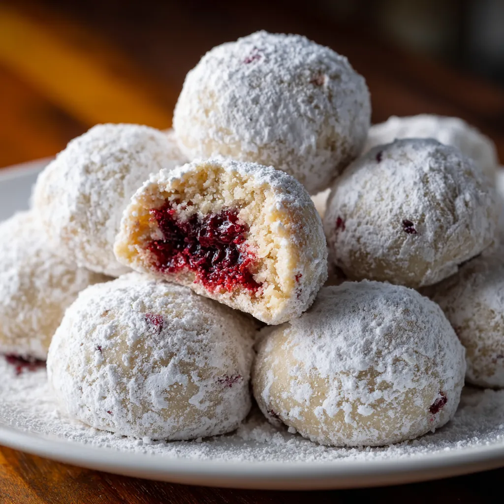Melt-in-Your-Mouth Raspberry Filled Almond Snowball Cookies with Powdered Sugar Dusting - tertiary view