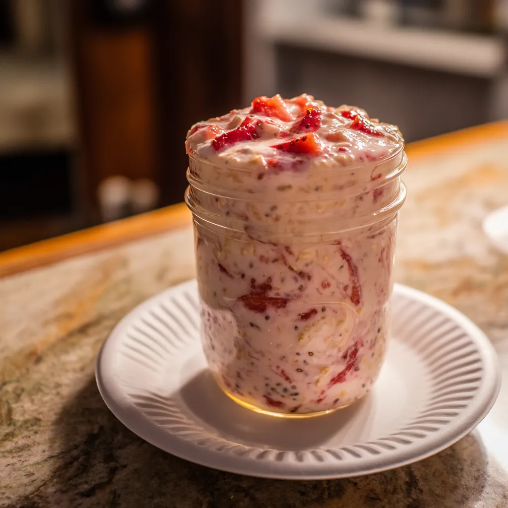Creamy Strawberries and Cream Overnight Oats with Vanilla and Fresh Berries - secondary view