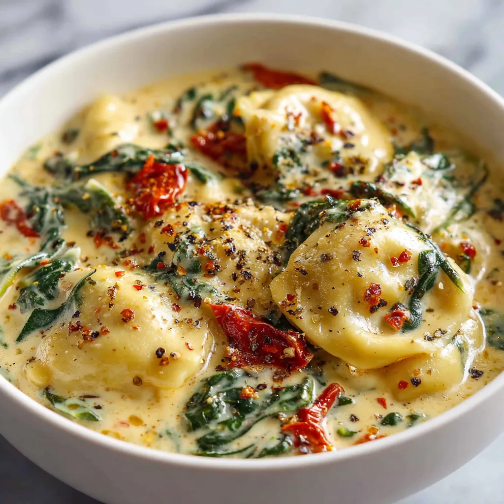 Creamy Tuscan Ravioli Soup with Sun-Dried Tomatoes, Spinach, and Italian Herbs - secondary view