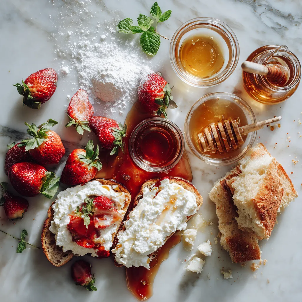 Elegant Roasted Strawberry Whipped Ricotta Toasts with Fresh Herbs and Honey Drizzle - secondary view
