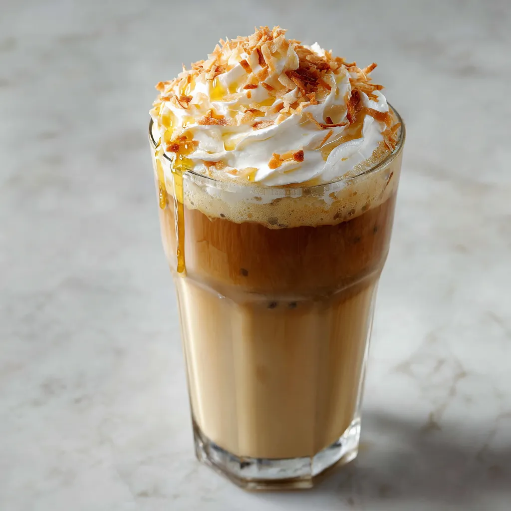 Tropical Honey Coconut Cold Coffee with Silky Whipped Cream Swirl and Natural Sweetness