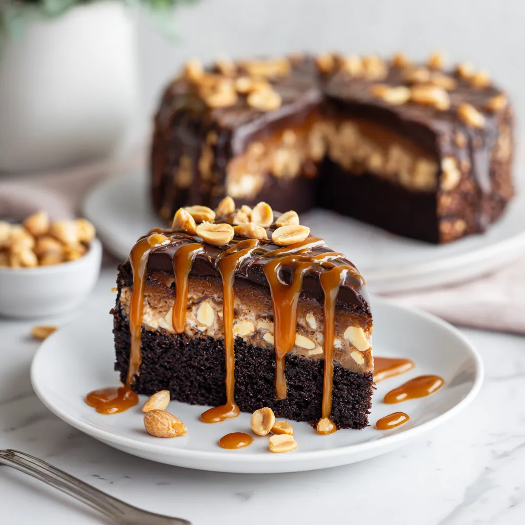 Decadent Chocolate Snickers Cake with Caramel, Peanuts, and Nougat Layers - secondary view
