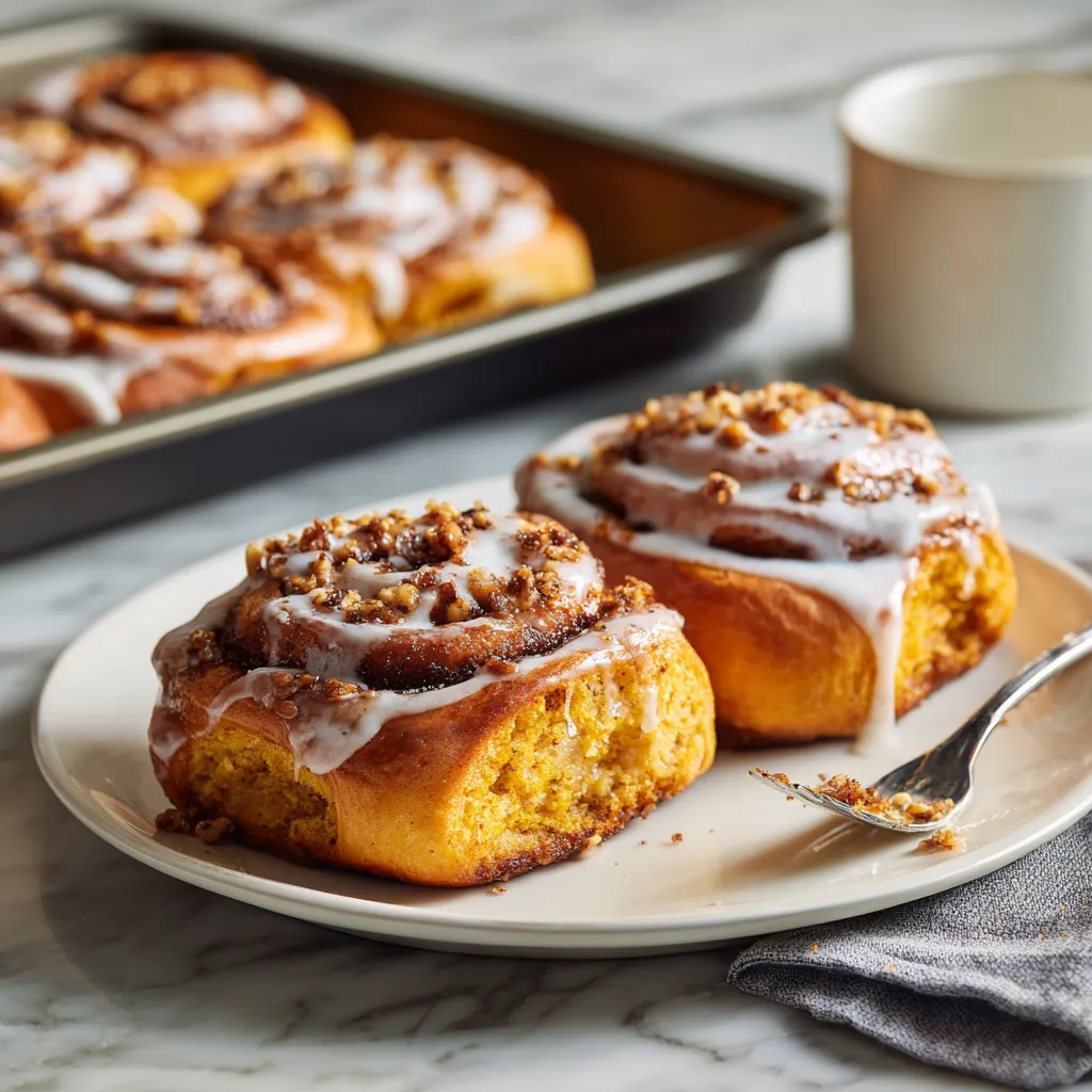 Ultimate Pumpkin Cinnamon Rolls with Cream Cheese Glaze and Toasted Pecan Topping - Perfect Fall Breakfast Pastry - secondary view