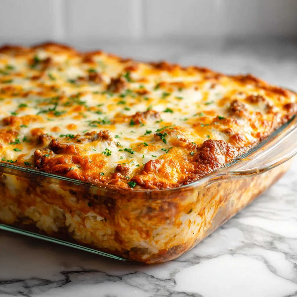 Ultimate Cheesy Ground Beef and Rice Casserole with Melted Cheddar and Vegetables - secondary view