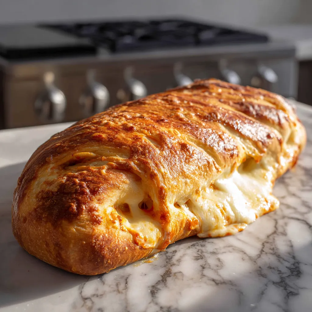 Authentic Italian Stromboli Loaf with Savory Meats, Melted Cheese, and Fresh Herbs - tertiary view