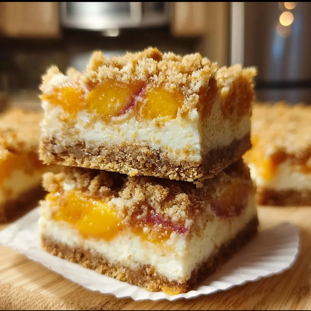Ultimate Peach Cobbler Cheesecake Bars with Cinnamon Crumb and Fresh Fruit - secondary view