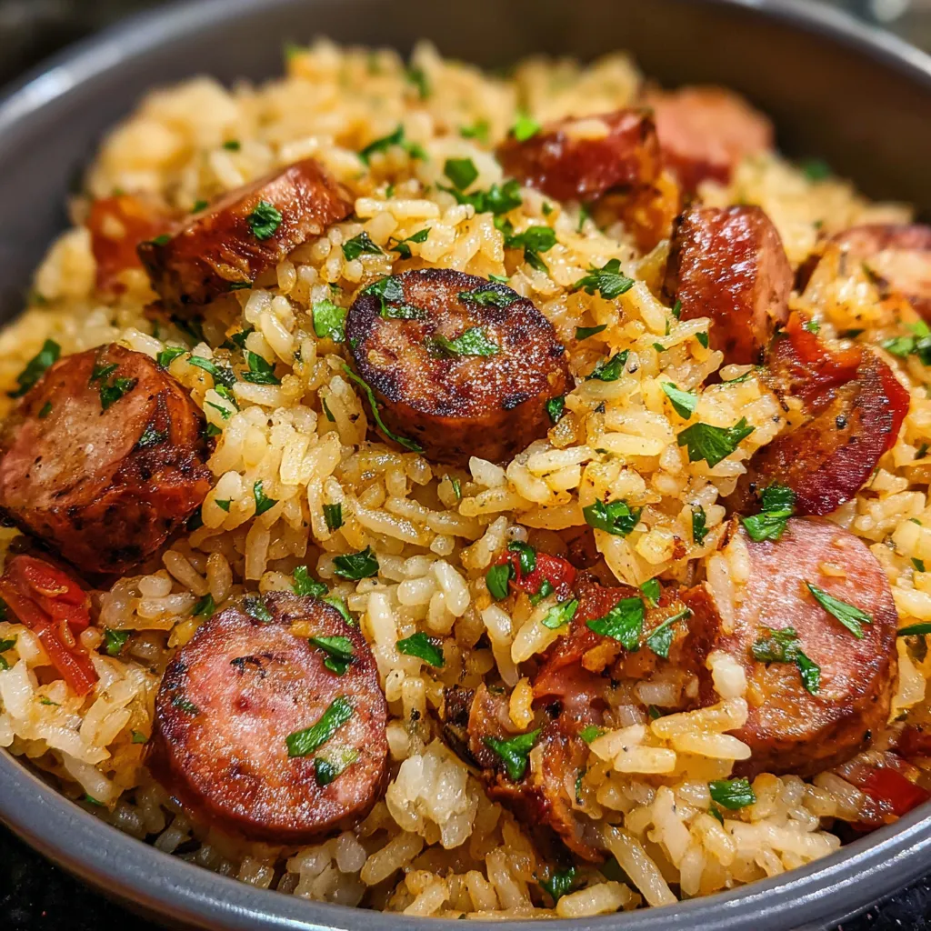 One-Pot Smoked Sausage and Rice Dinner with Bell Peppers and Onions - main view