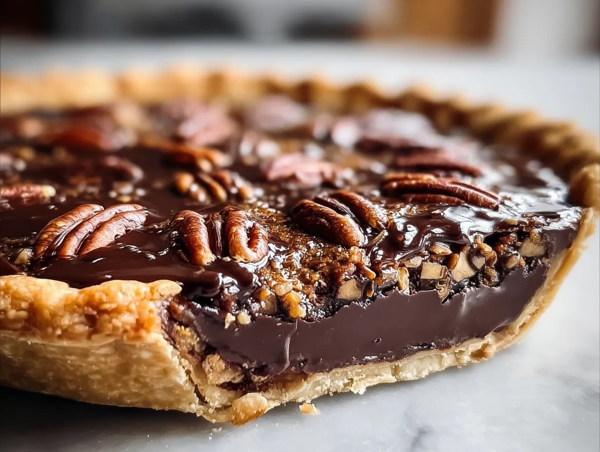 Ultimate Glossy Texas Chocolate Pecan Pie with Rich Filling and Buttery Crust