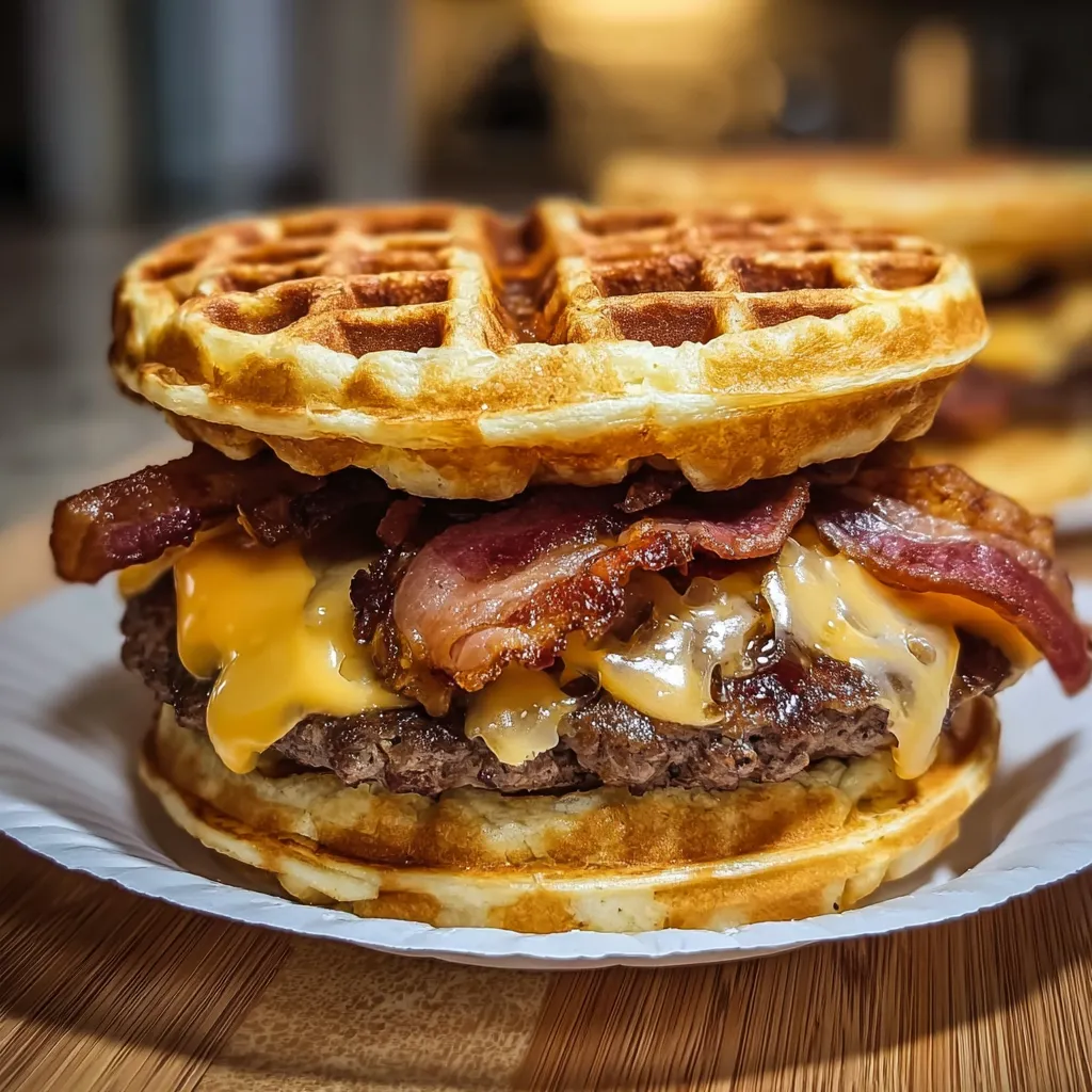 Ultimate Maple Bacon Waffle Burger with Crispy Chicken and Sweet Syrup Glaze - main view
