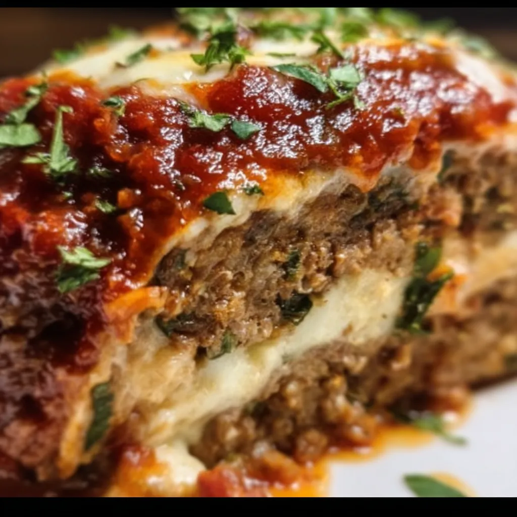 Stuffed Italian Meatloaf with Mozzarella and Herb Filling and Marinara Glaze - main view