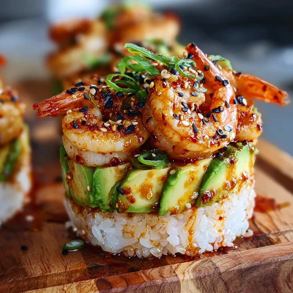 Layered Spicy Shrimp Sushi Stack with Avocado and Sriracha Mayo Drizzle - secondary view