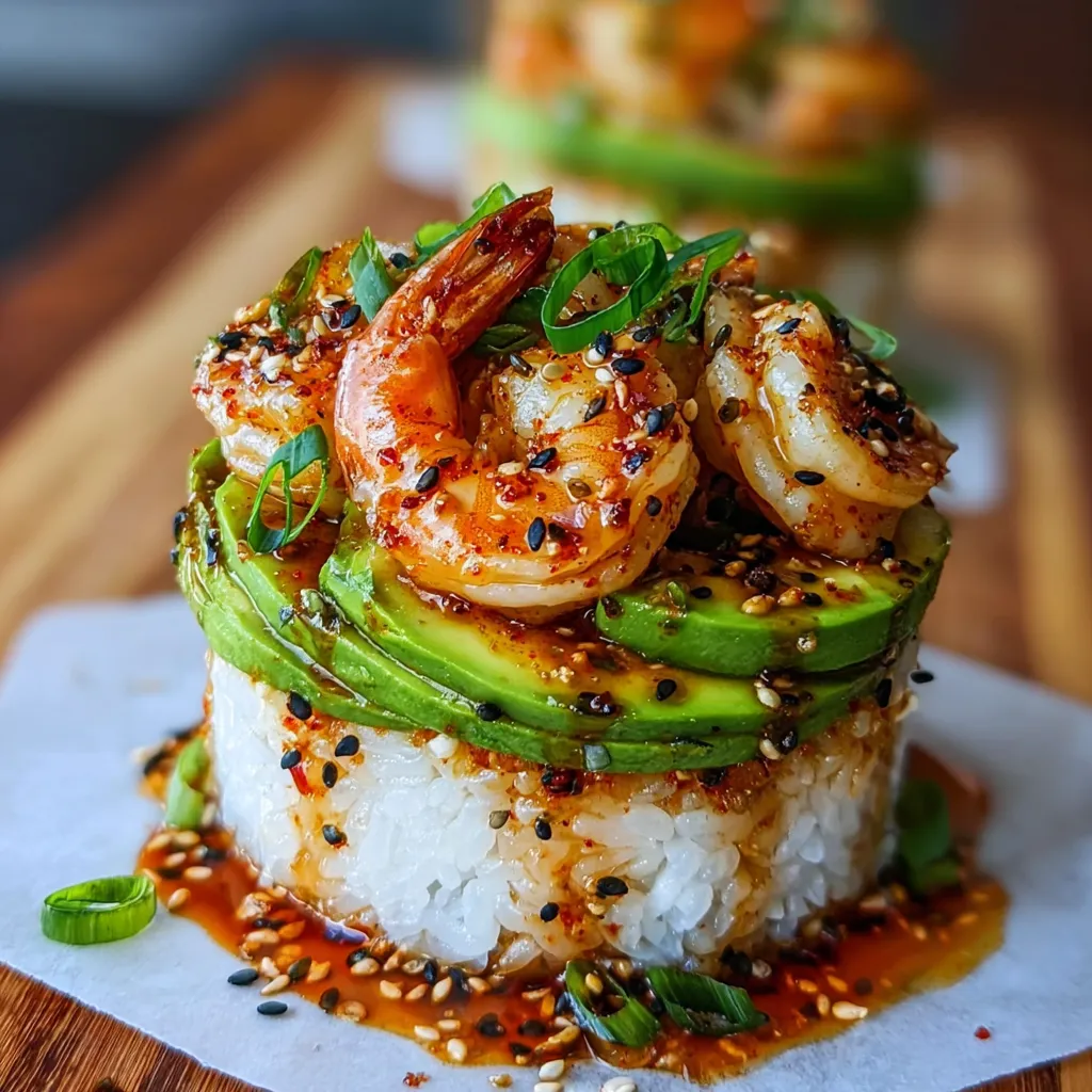 Layered Spicy Shrimp Sushi Stack with Avocado and Sriracha Mayo Drizzle - tertiary view