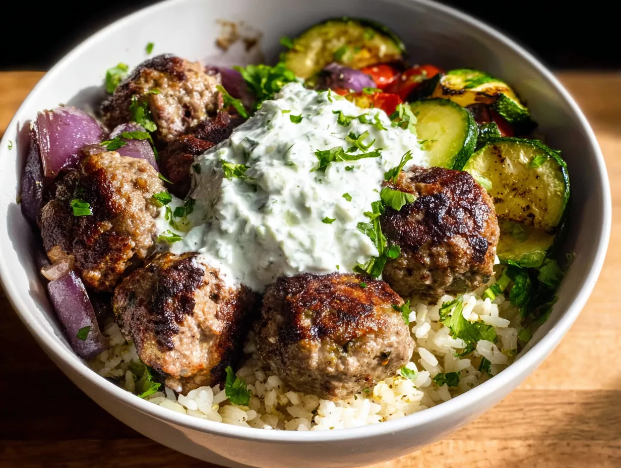 Traditional Greek Meatballs with Herbs, Feta, and Mediterranean Flavors in Ceramic Bowl