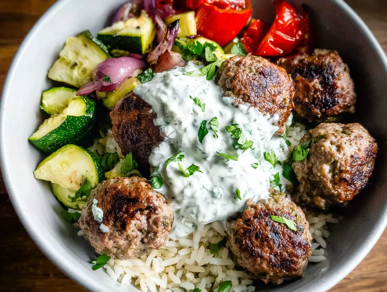 Traditional Greek Meatballs with Herbs, Feta, and Mediterranean Flavors in Ceramic Bowl - secondary view