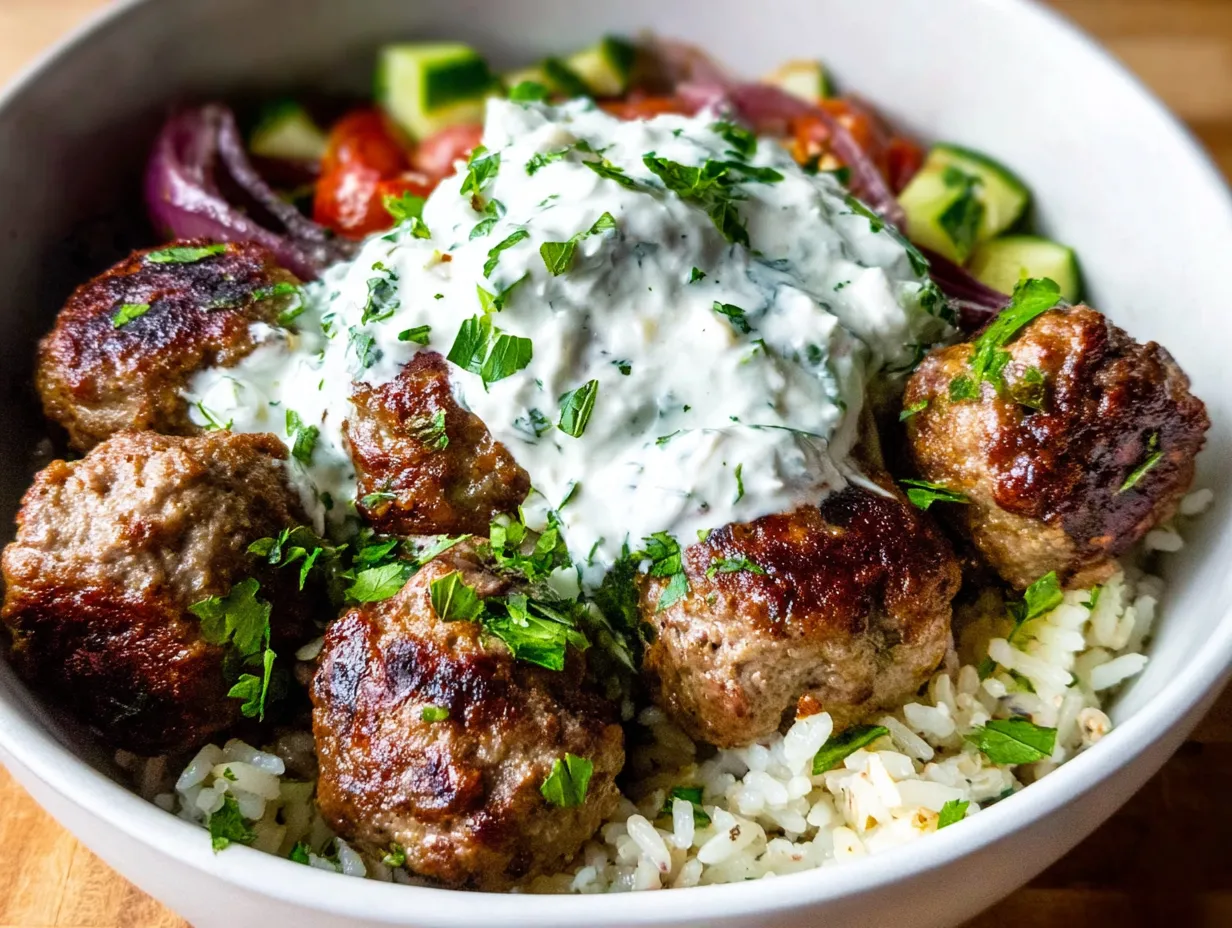 Traditional Greek Meatballs with Herbs, Feta, and Mediterranean Flavors in Ceramic Bowl - tertiary view