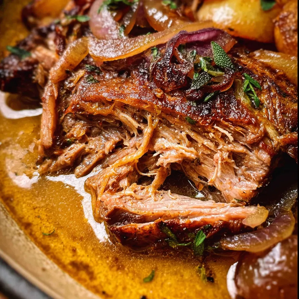 Slow-Braised Apple Cider Pork Shoulder with Caramelized Onions and Fresh Herbs