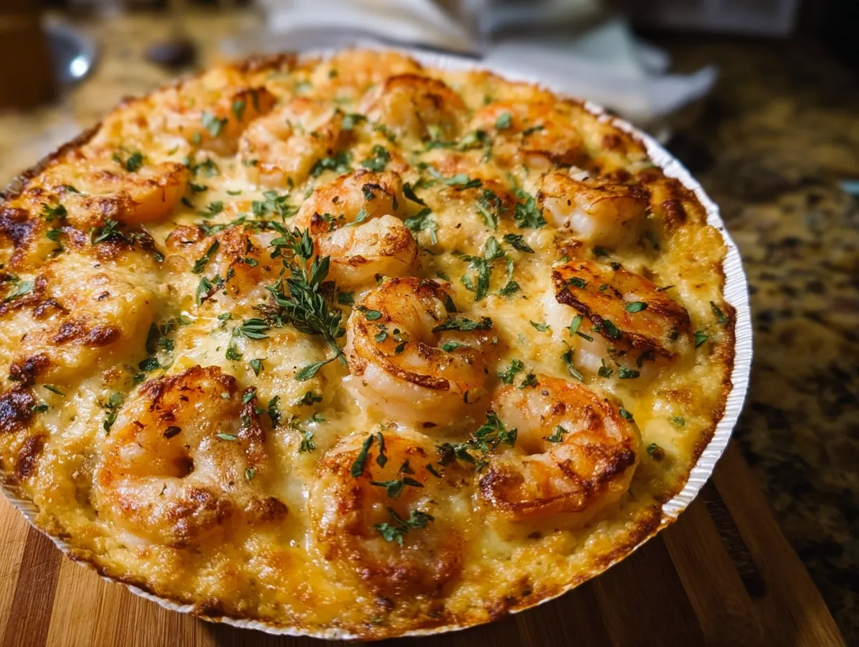 Creamy Shrimp and Rice Casserole with Cheese and Fresh Herb Topping - main view